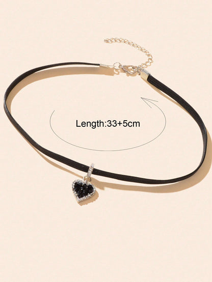 Black Heart Pendant Leather Cord Short Necklace Stylish Choker - UrbanNest Co