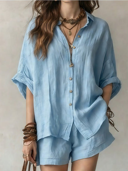 Women's wear 2026 solid color loose button - down shirt and shorts casual - UrbanNest Co
