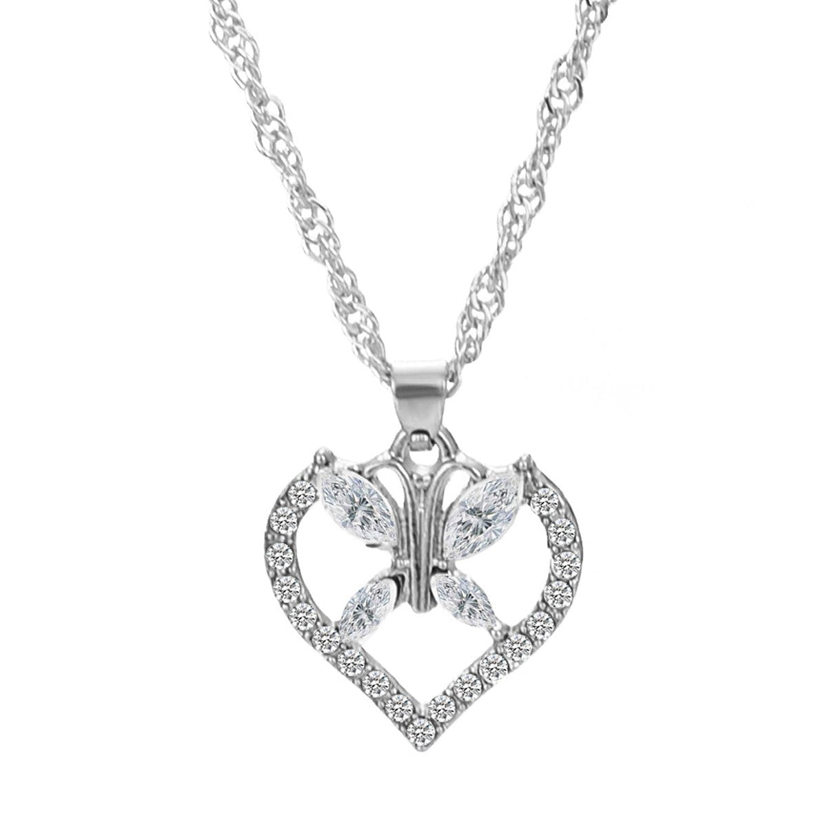 Anniversary Jewelry Silver Chain Full Rhinestone Butterfly Heart Charm Necklace - UrbanNest Co