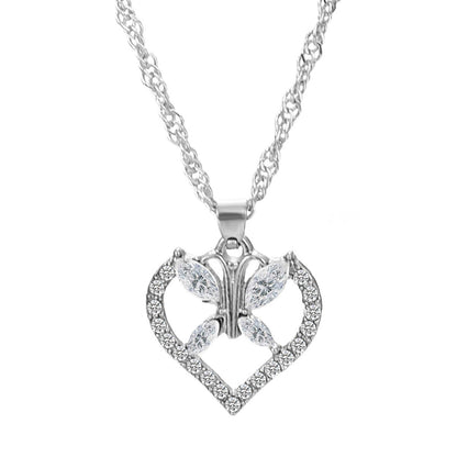 Anniversary Jewelry Silver Chain Full Rhinestone Butterfly Heart Charm Necklace - UrbanNest Co