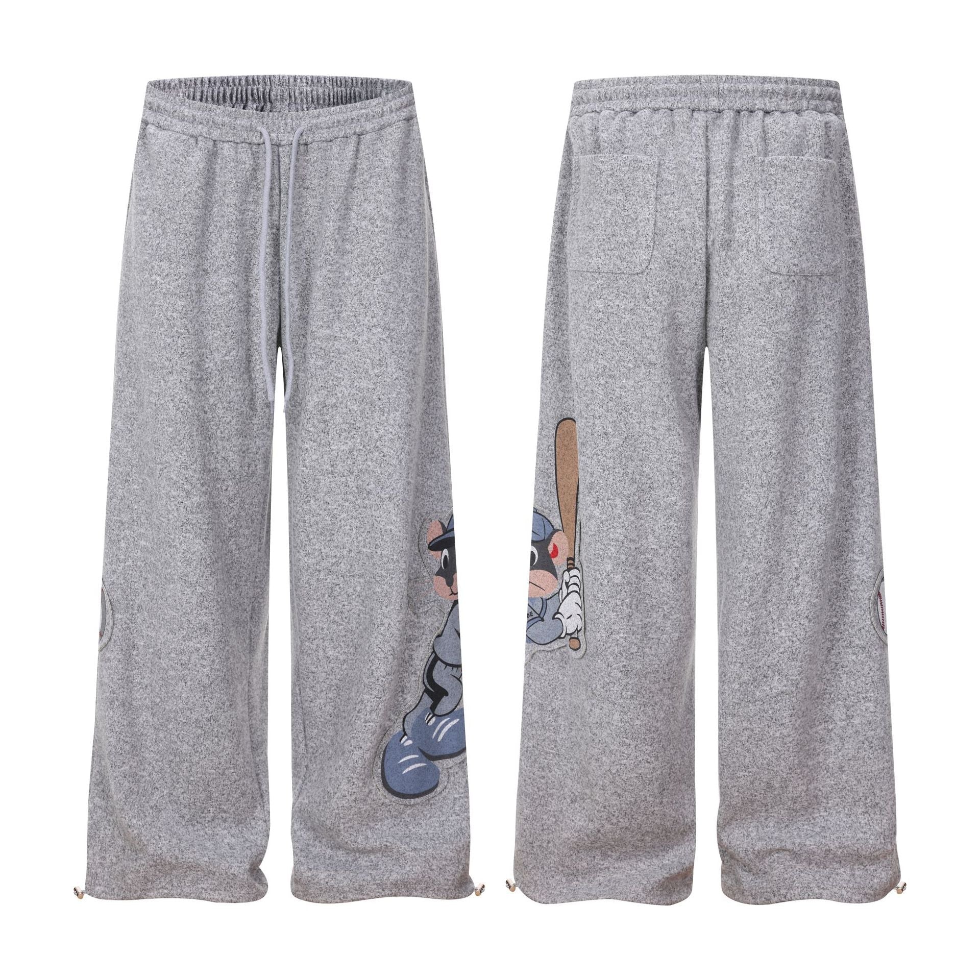 Cartoon Baseball Mouse Applique Sweatpants Loose Straight Leg Cuffed Casual Sport Long Pants Wholesale - UrbanNest Co