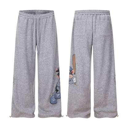 Cartoon Baseball Mouse Applique Sweatpants Loose Straight Leg Cuffed Casual Sport Long Pants Wholesale - UrbanNest Co