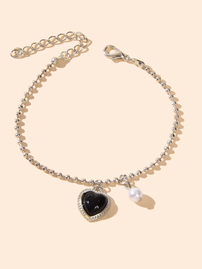 Girlfriend Gift Jewellery Silver Popcorn Chain Pearl Black Heart Charm Bracelets - UrbanNest Co