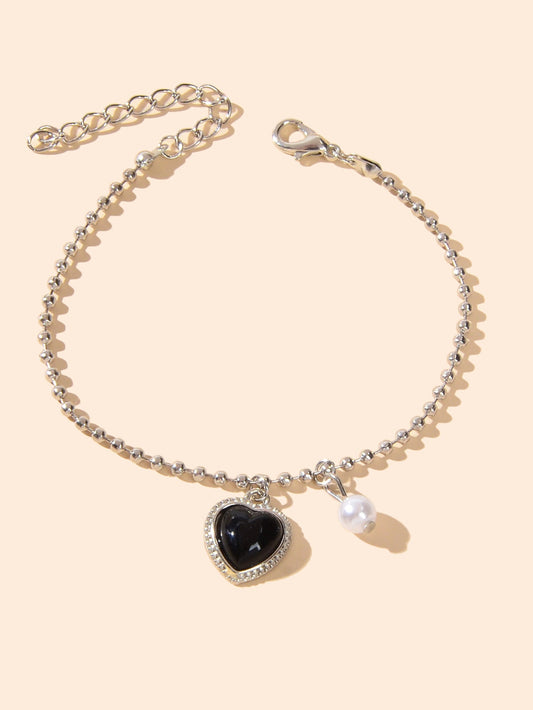 Girlfriend Gift Jewellery Silver Popcorn Chain Pearl Black Heart Charm Bracelets - UrbanNest Co