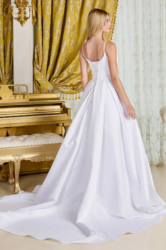 A - line, satin wedding gown spaghetti straps V - neckline - UrbanNest Co