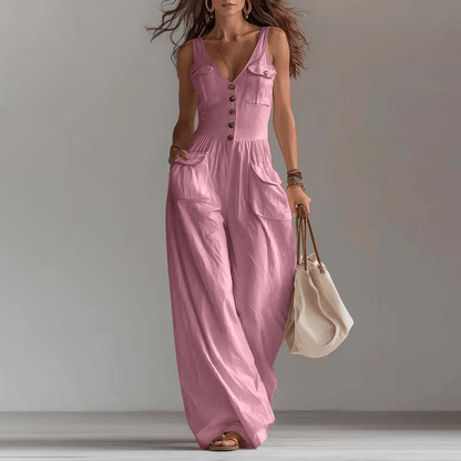 Pocket V - neck button vest jumpsuit for women - UrbanNest Co