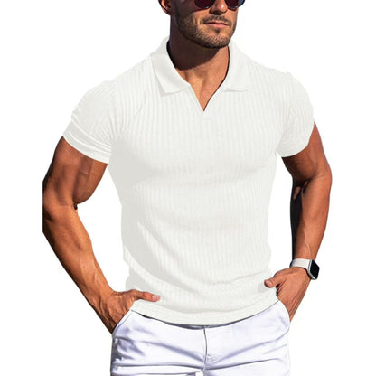 Men's POLO shirt, lapel, men's T-shirt, V - neck, short - sleeved, vertical striped POLO shirt - UrbanNest Co