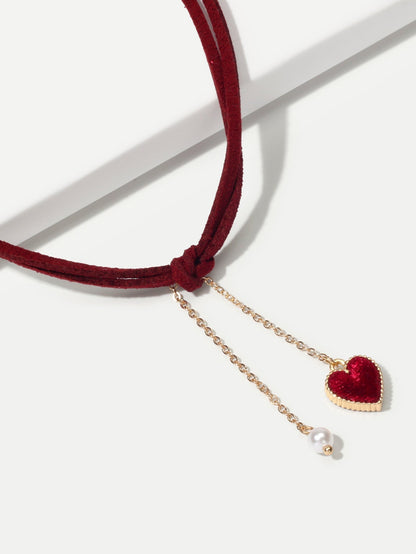 AU Stock Double Layers Red Cord Love Heart Fringe Necklace Tassel Pearl Choker - UrbanNest Co