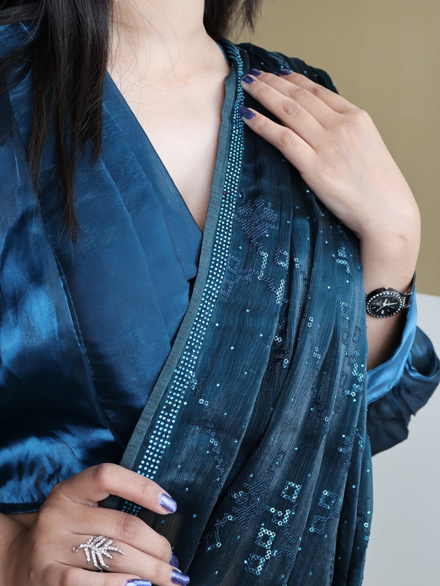Designer Saree with Rhinestones & Sequin Work by Shreekama - UrbanNest Co