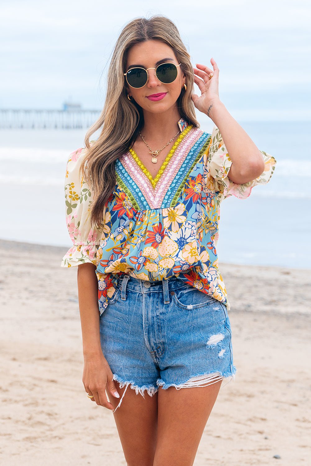Gwen Crochet V Neck Boho Floral Blouse - UrbanNest Co