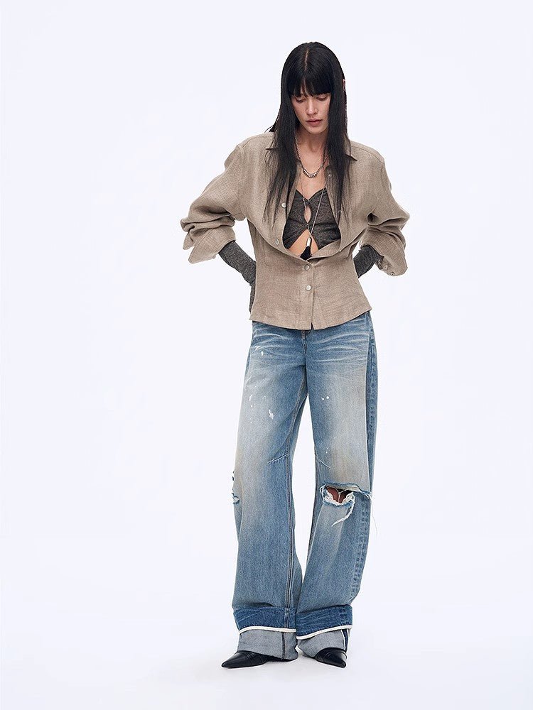 "Berlin Afternoon Tea" Refreshing breathable twill linen deconstructed silhouette old money style waist shirt top - UrbanNest Co