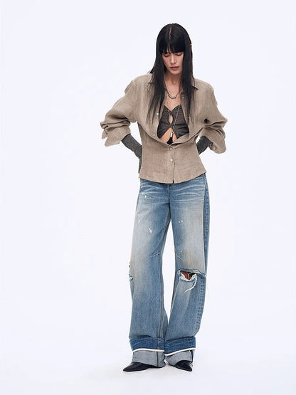 "Berlin Afternoon Tea" Refreshing breathable twill linen deconstructed silhouette old money style waist shirt top - UrbanNest Co