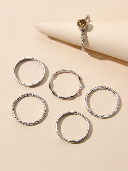 Stackable 6 pcs Rhinestone Decor Silver Finger Ring set Multiple Rings Bulk Pack - UrbanNest Co