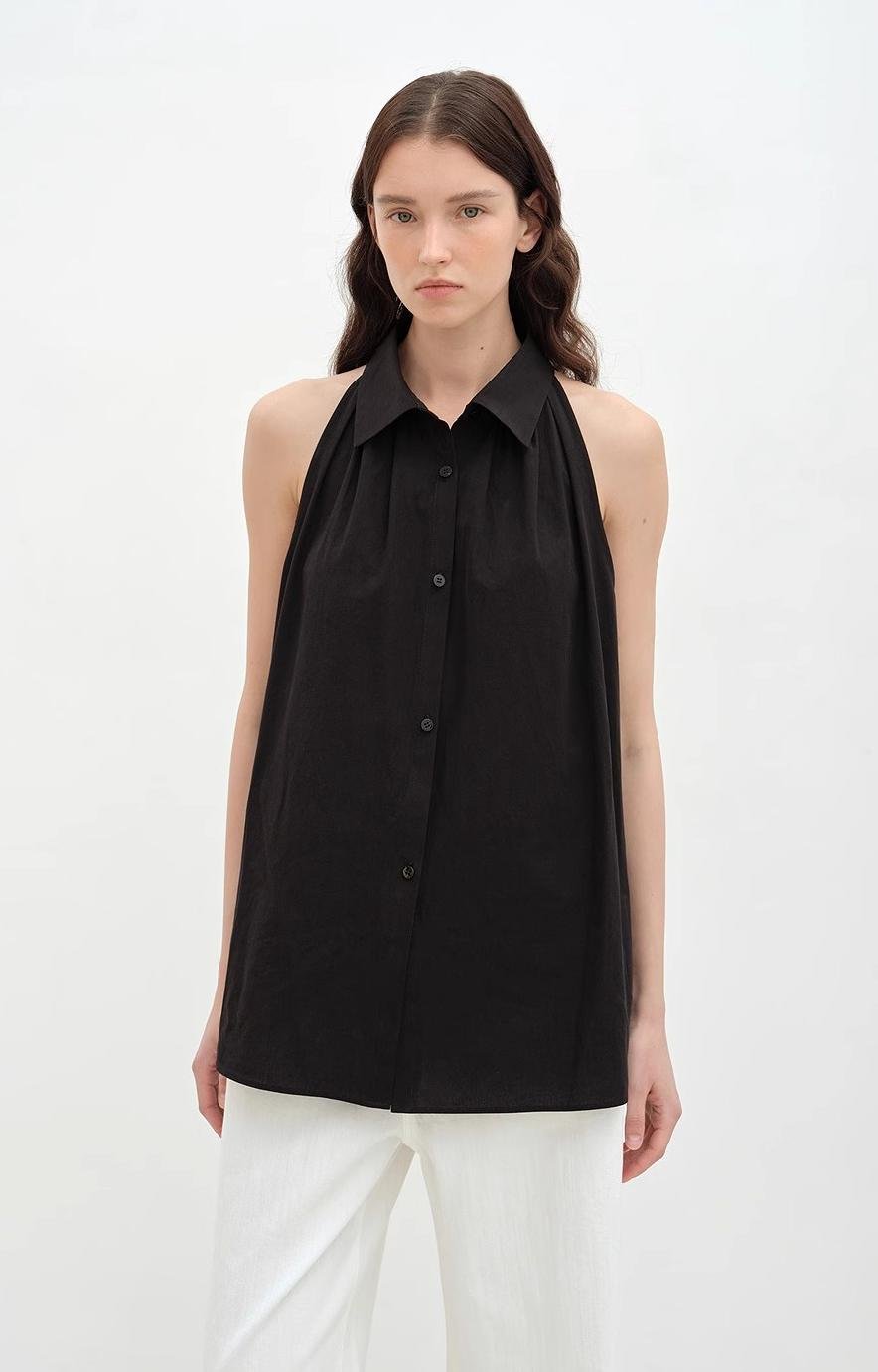 "Poland Island" imported pure cotton stand - up collar sleeveless striped shirt temperament top for women - UrbanNest Co