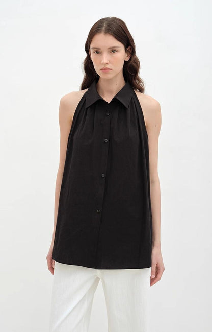 "Poland Island" imported pure cotton stand - up collar sleeveless striped shirt temperament top for women - UrbanNest Co