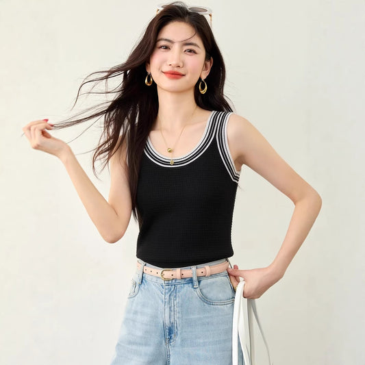 Chic Color - blocked Acetate Strapless Top for Women Summer Wear Ice Silk Knit Sleeveless Crop Top - UrbanNest Co