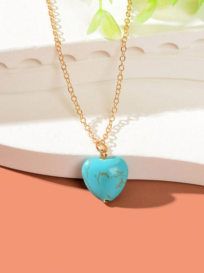 Fashion Gold Chain Turquoise Love Heart Pendant Necklace Boho Ethnic Accessories - UrbanNest Co