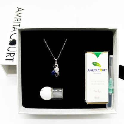Sterling Silver Sea Horse Aroma Necklace - Navy | Energy & Healing | Diffuse on the go - UrbanNest Co