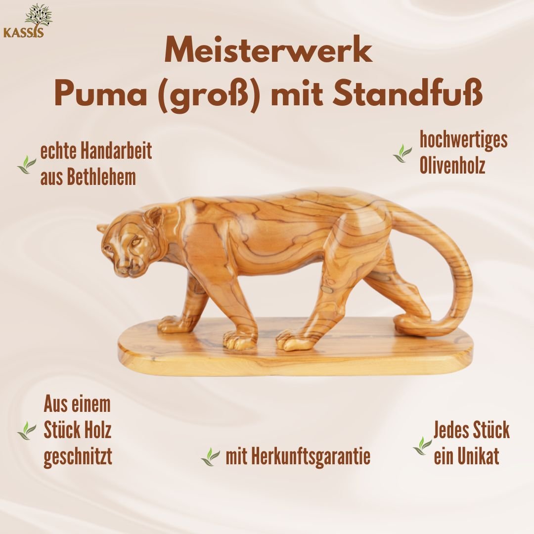 Handgeschnitzter Puma aus Olivenholz (groß) – Exklusive Holzskulptur aus Bethlehem (14x30 cm) - UrbanNest Co