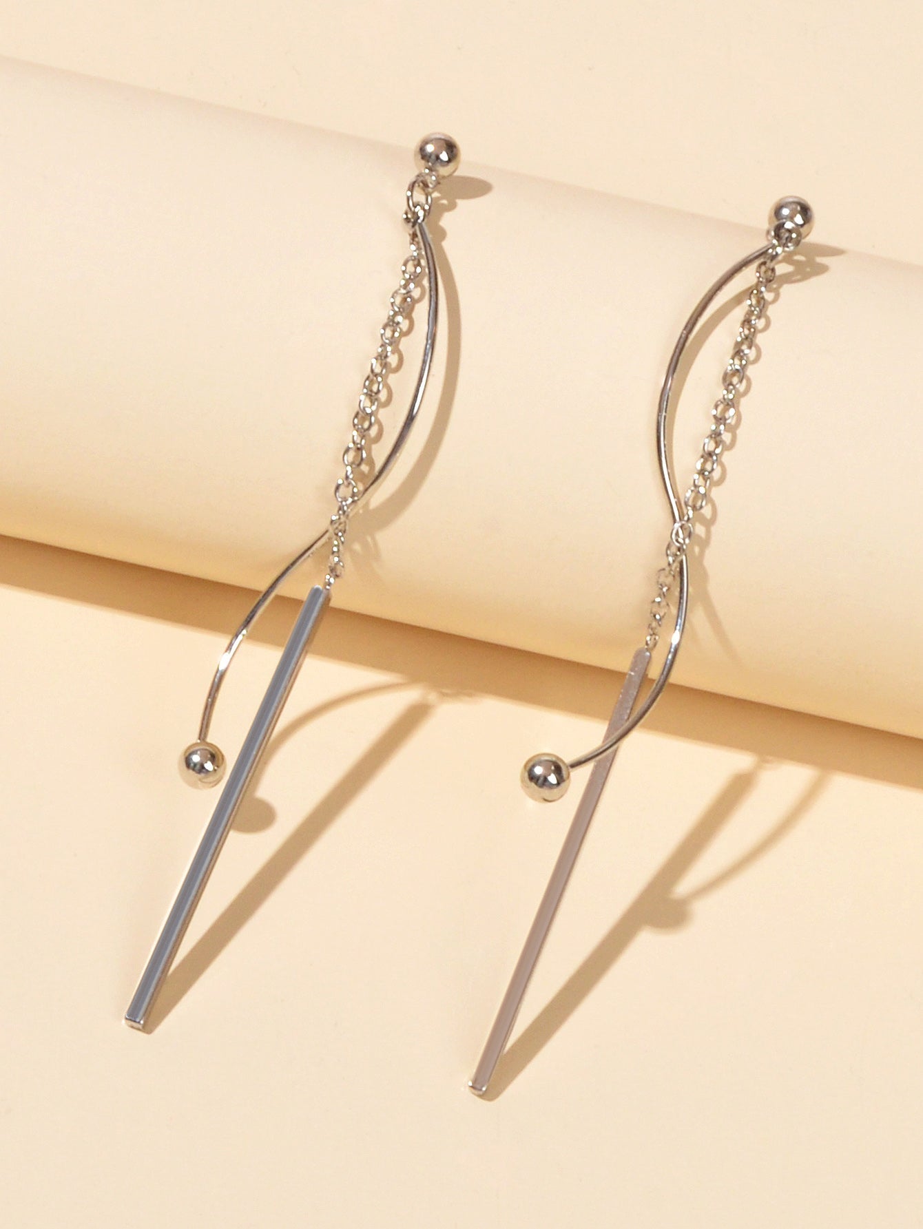 Silver Line Chain Geometric Long Curved Bar Tassel Dangle Earrings Thread Stud - UrbanNest Co