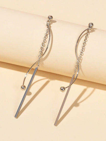 Silver Line Chain Geometric Long Curved Bar Tassel Dangle Earrings Thread Stud - UrbanNest Co