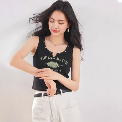 Letter Print Crop Top for Women, Solid Color V - Neck Studded Fitted Casual Sporty Innerwear Top - UrbanNest Co
