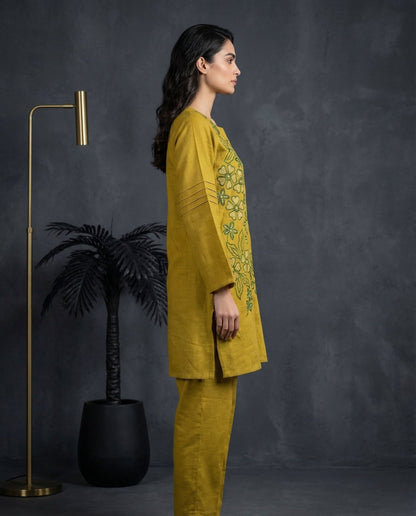 Mustard Green Floral Embroidered Kurta with Palazzo Set | Sequin & Pearl Work - UrbanNest Co