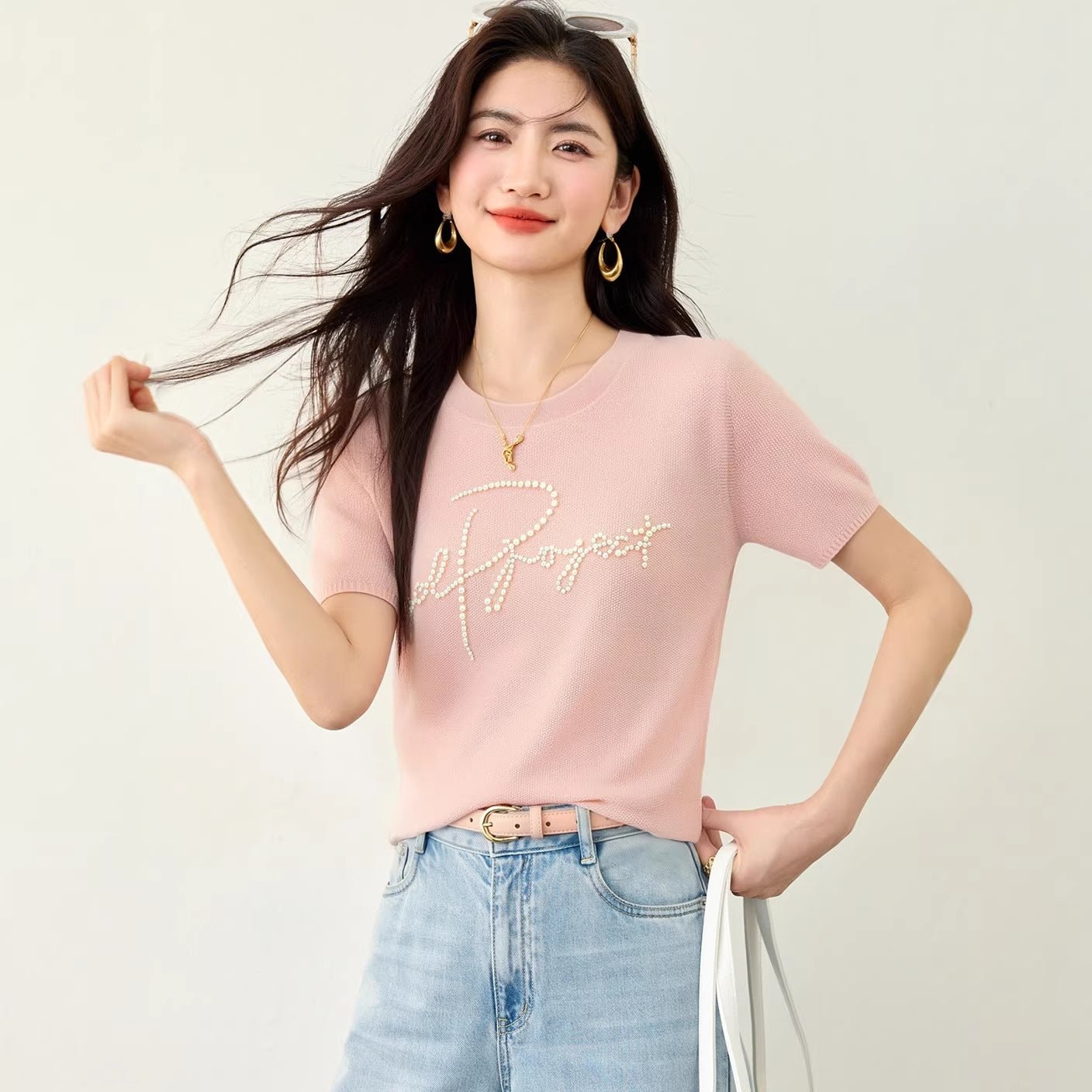 Chic Fashion Style Beaded T-Shirt for Women Short Sleeve Casual Design Top - UrbanNest Co