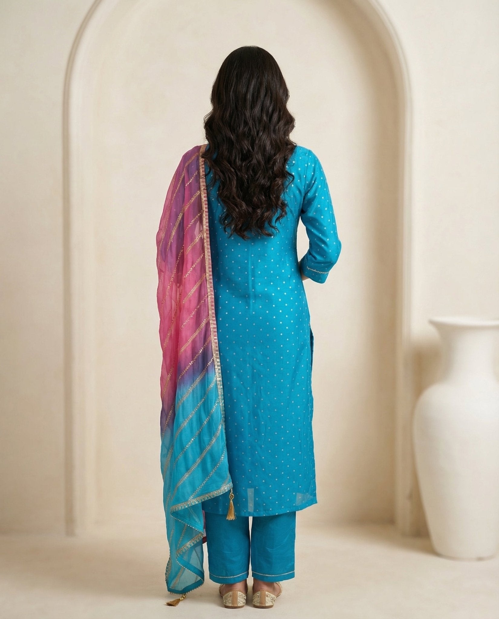 Teal Bandhani Dot Kurta Suit Set with Pearl Zardozi Neck & Ombre Leheriya Dupatta - UrbanNest Co