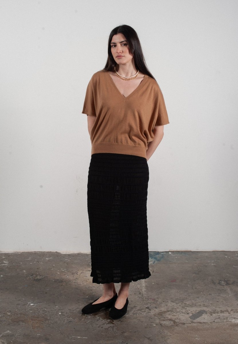 Pull col V à manches chauve souris femme en cachemire & laine ultrafin camel - KELLY 6 - UrbanNest Co