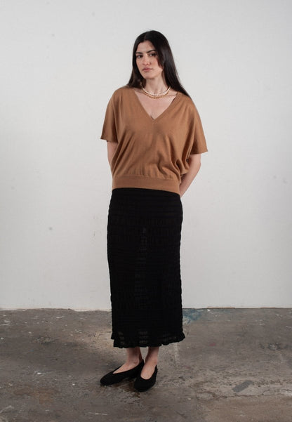 Pull col V à manches chauve souris femme en cachemire & laine ultrafin camel - KELLY 6 - UrbanNest Co