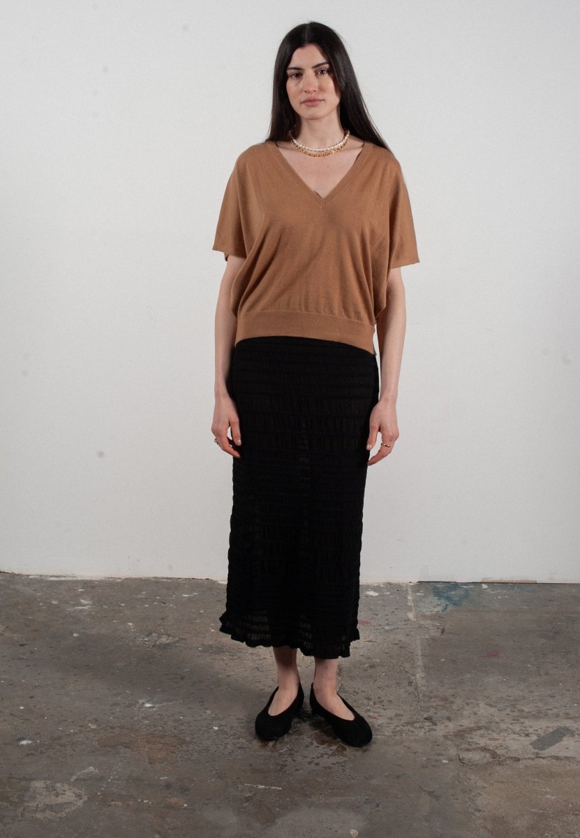 Pull col V à manches chauve souris femme en cachemire & laine ultrafin camel - KELLY 6 - UrbanNest Co