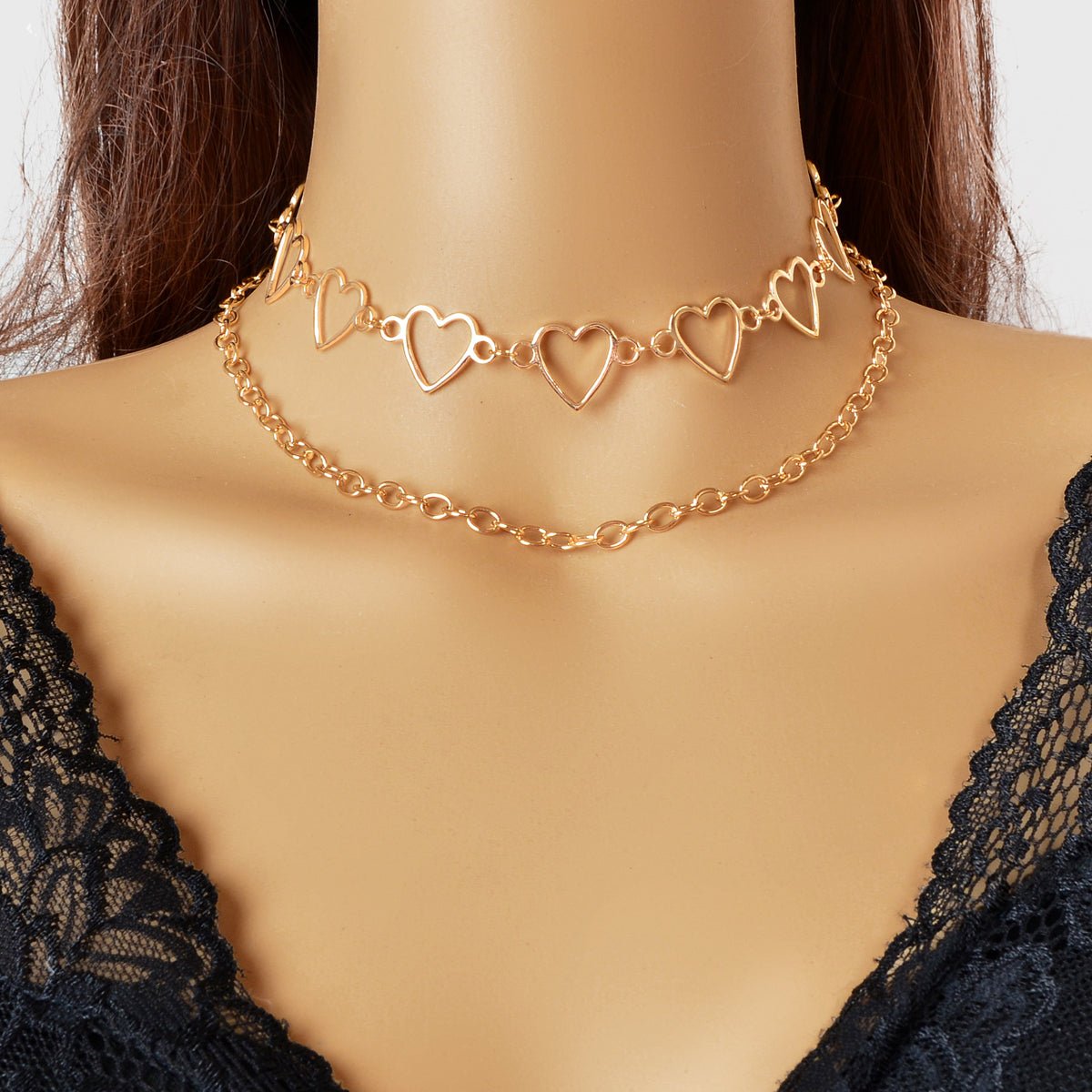2pcs Gold Hollow out Heart Double layer Chain Clavicle Necklace Trendy Jewellery - UrbanNest Co