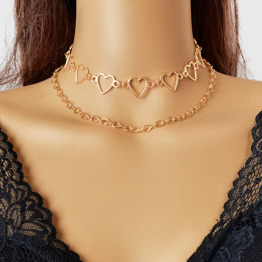 2pcs Gold Hollow out Heart Double layer Chain Clavicle Necklace Trendy Jewellery - UrbanNest Co