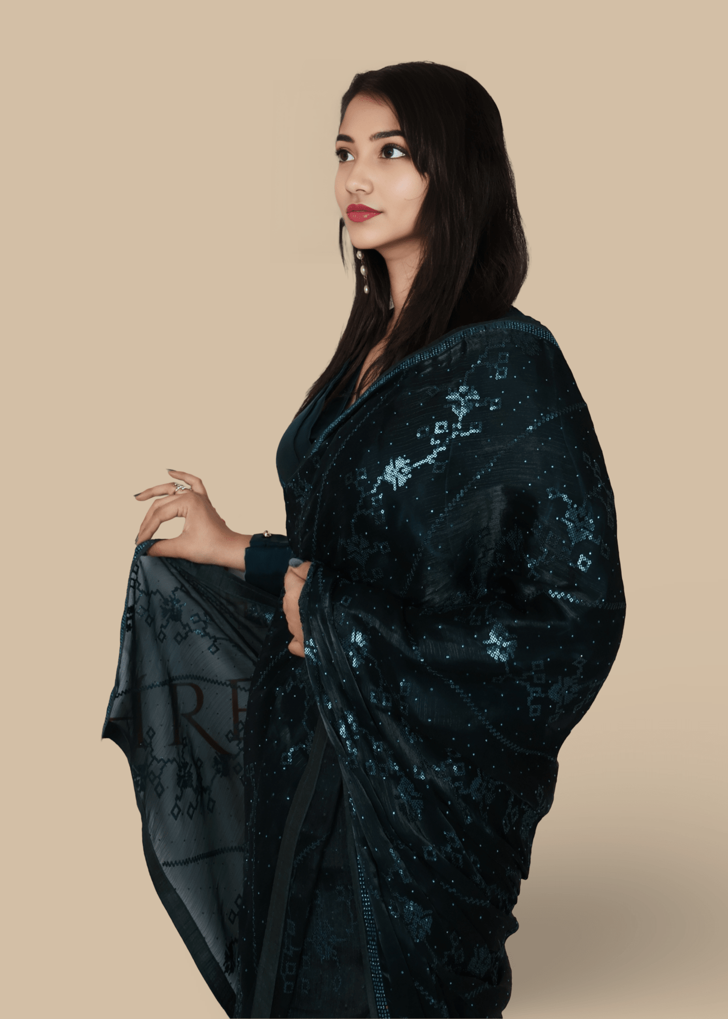 Designer Saree with Rhinestones & Sequin Work by Shreekama - UrbanNest Co