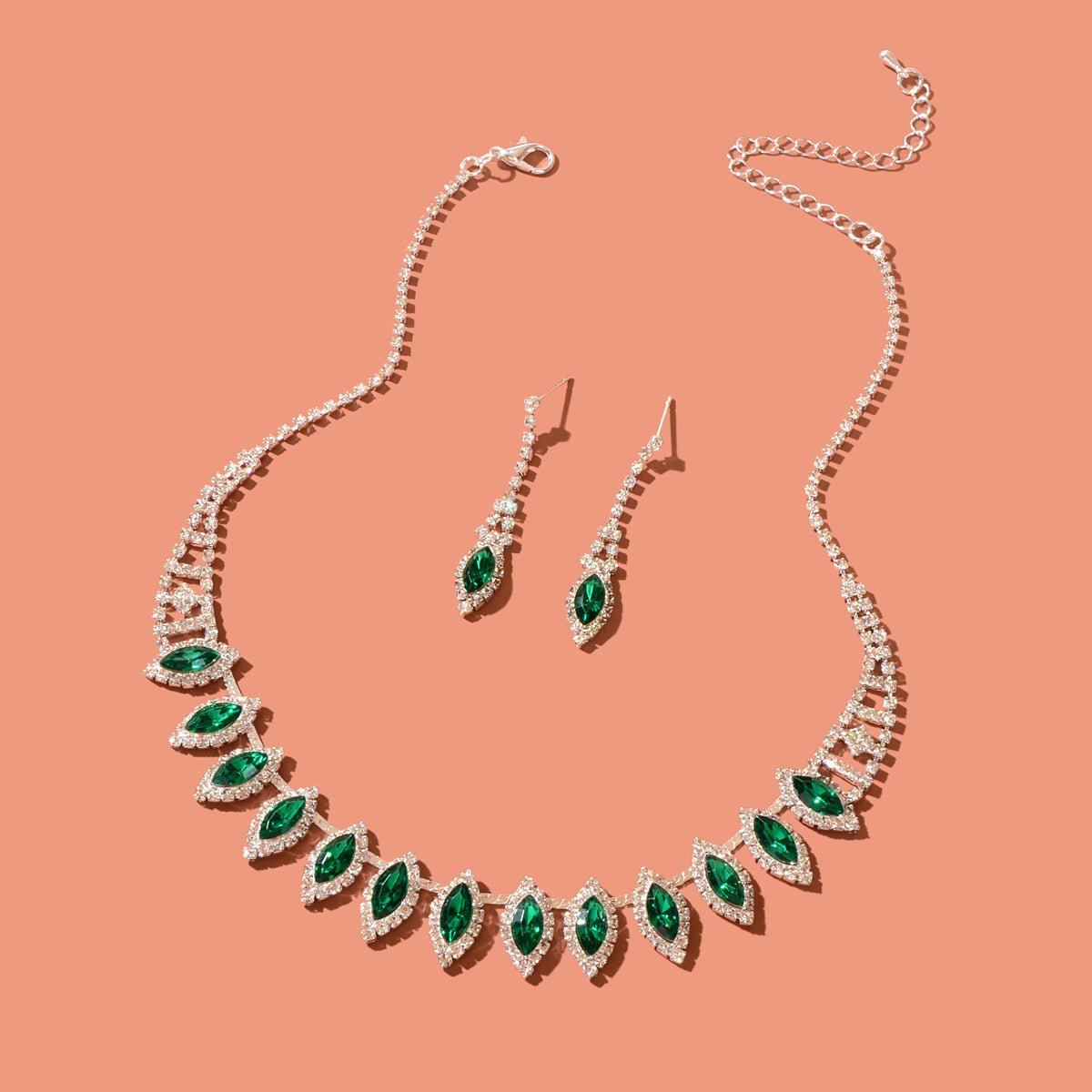 Luxurious Jewellery Set Green Imitation Gemstone Collar Necklace Dangle Earrings - UrbanNest Co