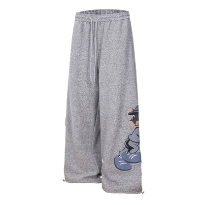 Cartoon Baseball Mouse Applique Sweatpants Loose Straight Leg Cuffed Casual Sport Long Pants Wholesale - UrbanNest Co