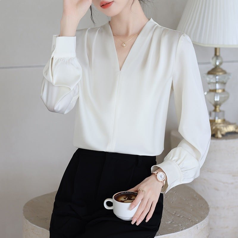 Versatile Shirt for Women Long Sleeve V - Neck Design Elegant Office Wear Minimalist Inner Top - UrbanNest Co