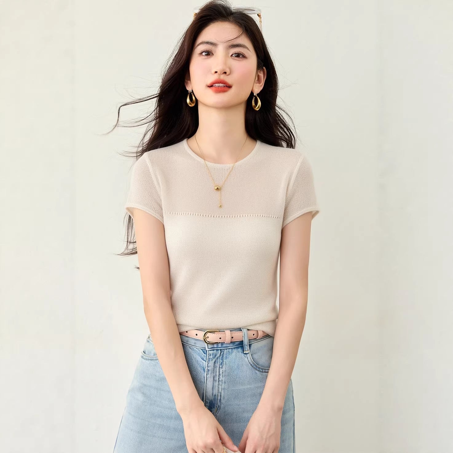 Semi - sheer Knitted Short Sleeve Round Neck T-Shirt for Women Lazy Minimalist Innerwear Top - UrbanNest Co