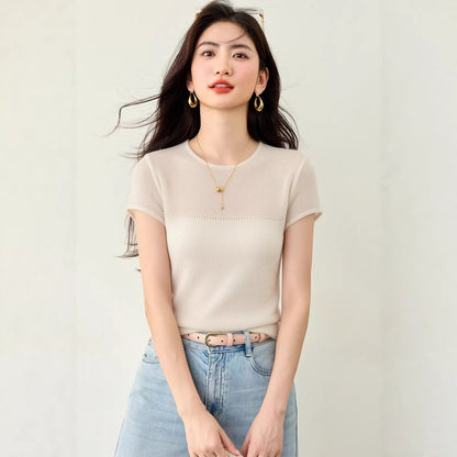 Semi - sheer Knitted Short Sleeve Round Neck T-Shirt for Women Lazy Minimalist Innerwear Top - UrbanNest Co