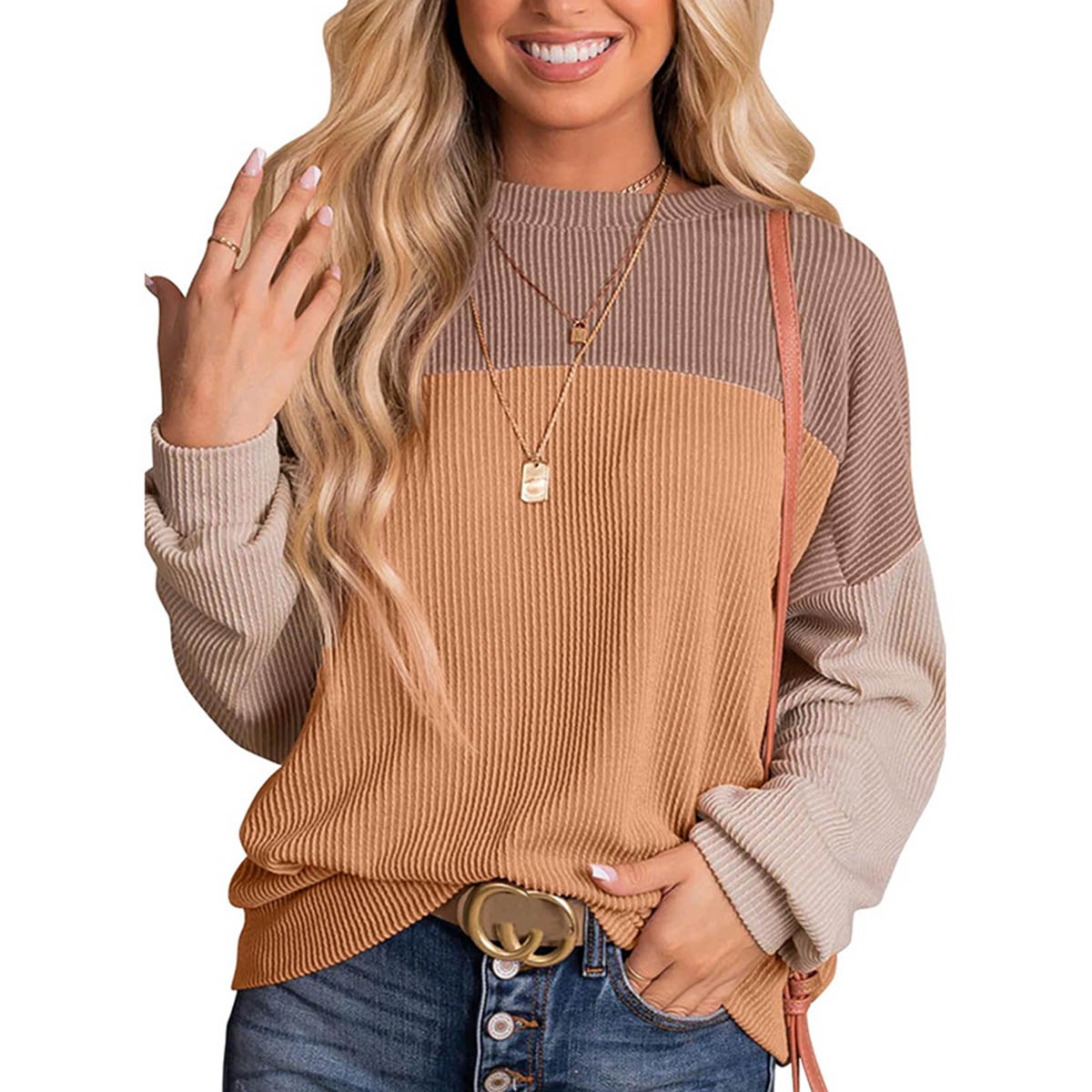 Womens Color Block Long Sleeve Crewneck Knitted Casual Pullover Tops - UrbanNest Co