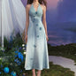 LaceMa Butterfly PearResort Style Embellished Strapless Blue Floral Dress Satin Fairy Dress - UrbanNest Co