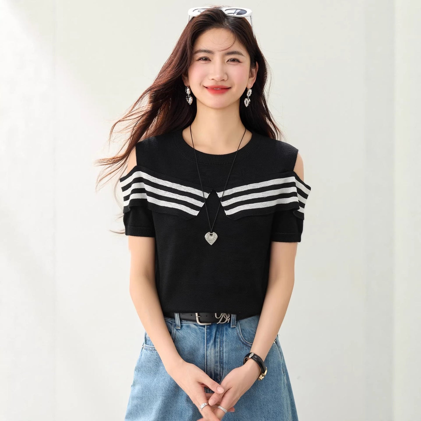 Shoulder - Baring Color - Blocking Stripe Design Short Sleeve Knit Top for Women, Slim - Fitting Chic Streetwear Style - UrbanNest Co