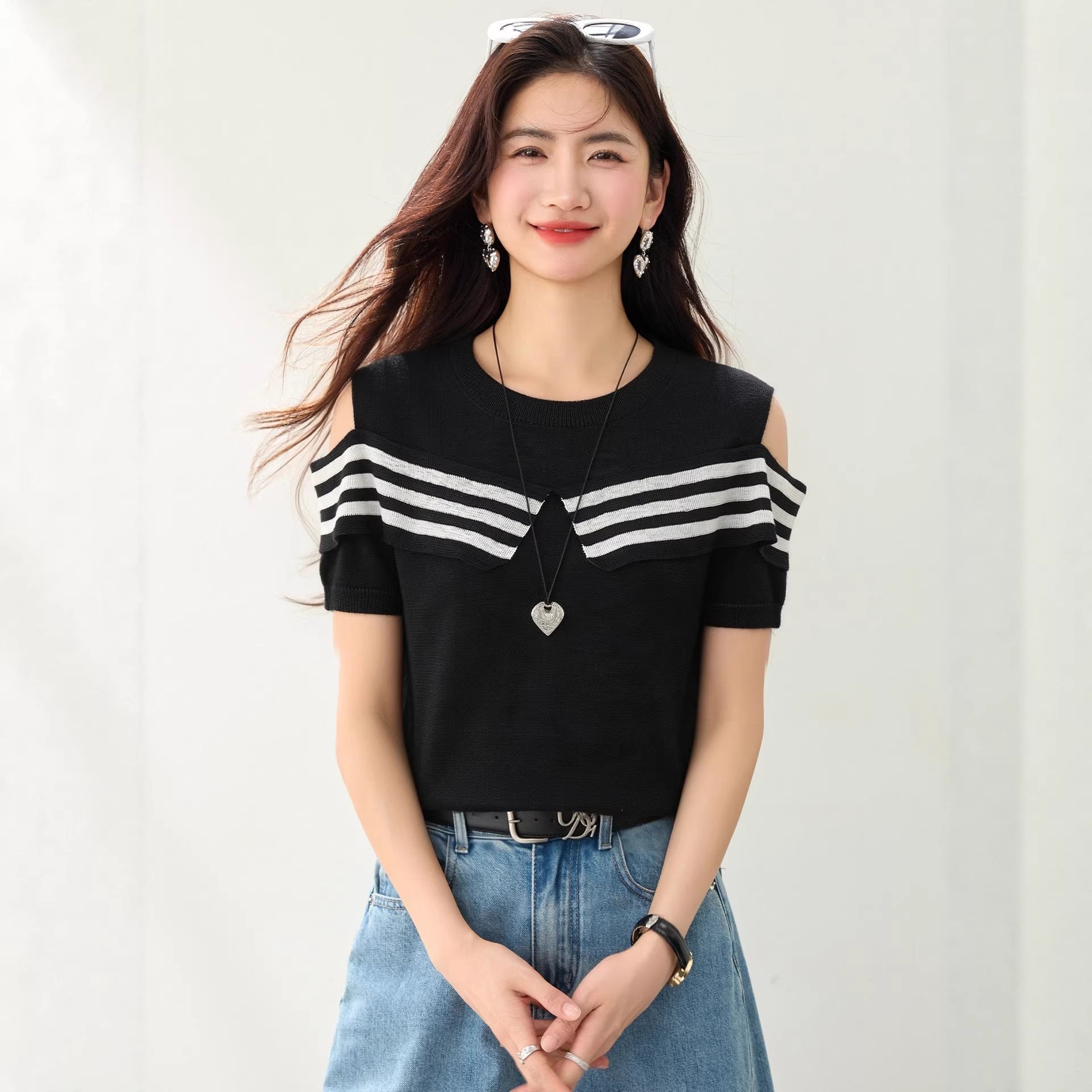 Shoulder - Baring Color - Blocking Stripe Design Short Sleeve Knit Top for Women, Slim - Fitting Chic Streetwear Style - UrbanNest Co