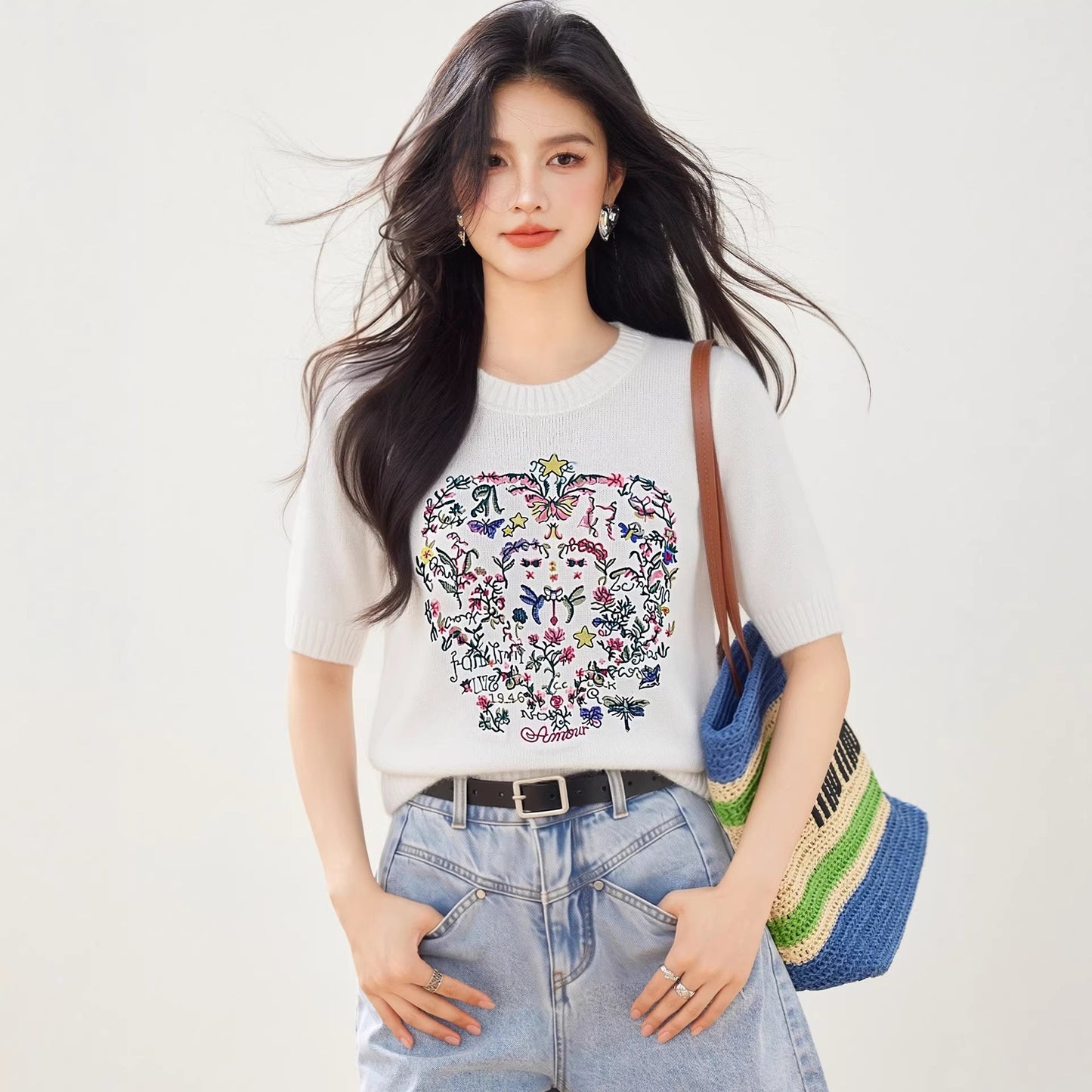 Chic Embroidered Short Sleeve Knit Top for Women, Summer Fashion Stylish Elegant Casual Simple Blouse - UrbanNest Co