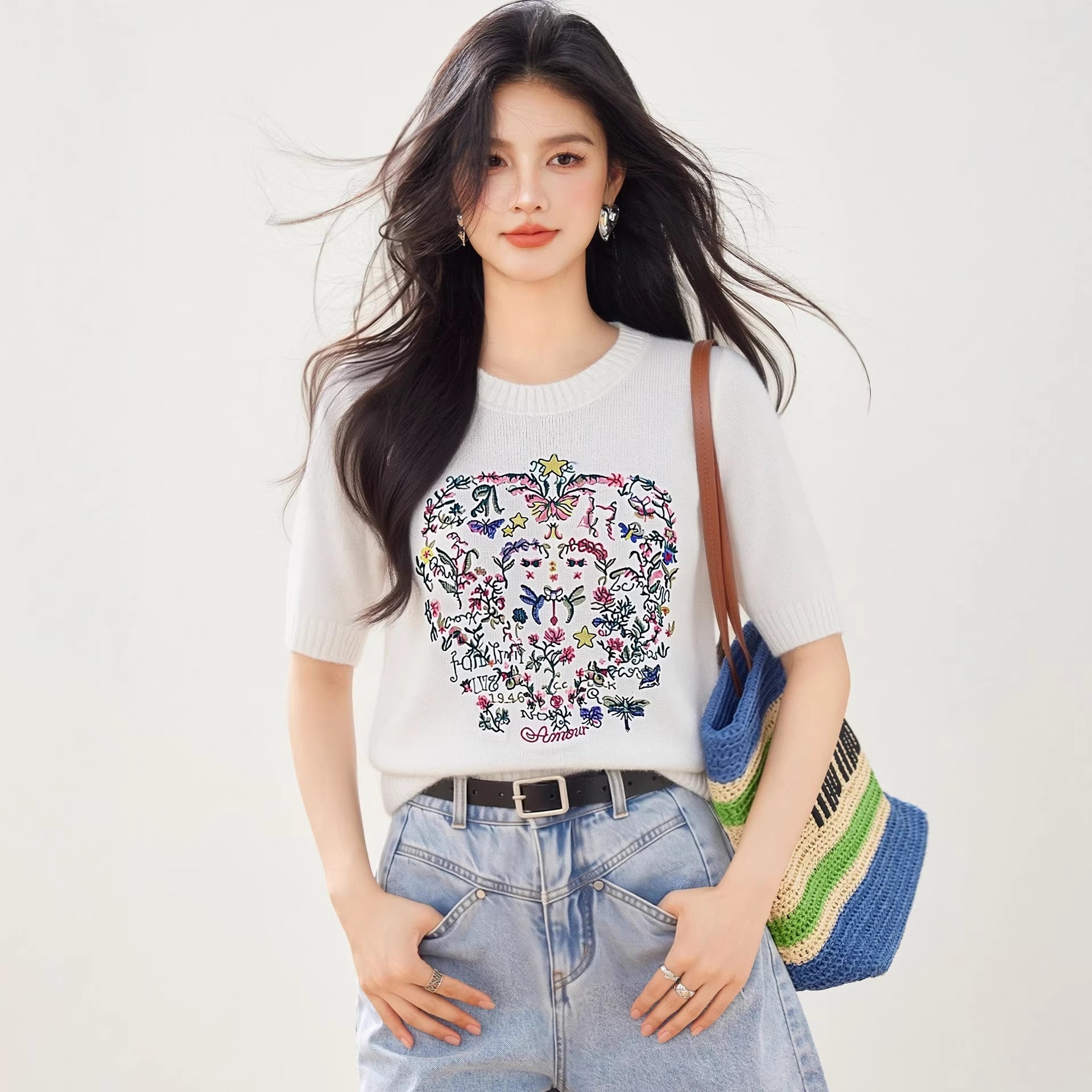 Chic Embroidered Short Sleeve Knit Top for Women, Summer Fashion Stylish Elegant Casual Simple Blouse - UrbanNest Co