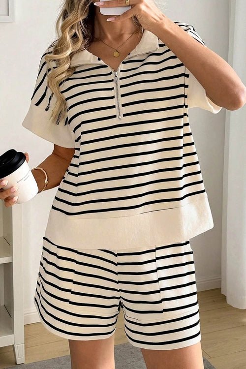 Stripe Colorblock Zip Polo & Drawstring Shorts Set - UrbanNest Co