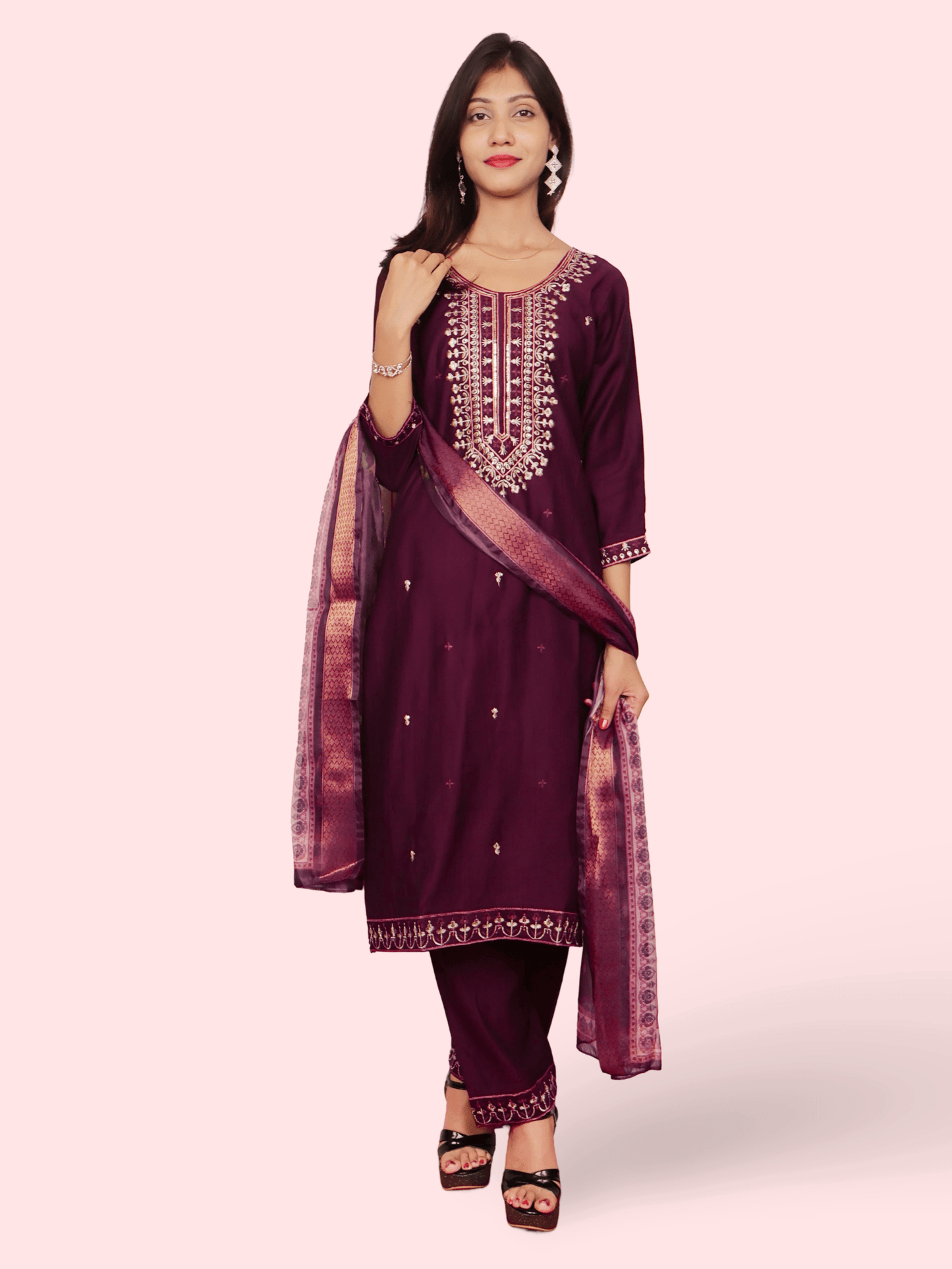 Rayon - Cotton Embroidered Straight Kurti with Pant and Dupatta - UrbanNest Co