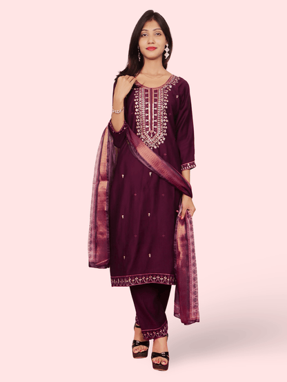 Rayon - Cotton Embroidered Straight Kurti with Pant and Dupatta - UrbanNest Co