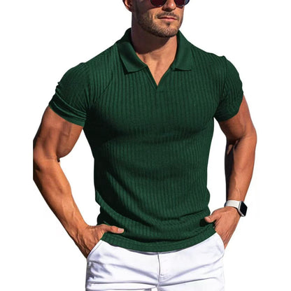 Men's POLO shirt, lapel, men's T-shirt, V - neck, short - sleeved, vertical striped POLO shirt - UrbanNest Co
